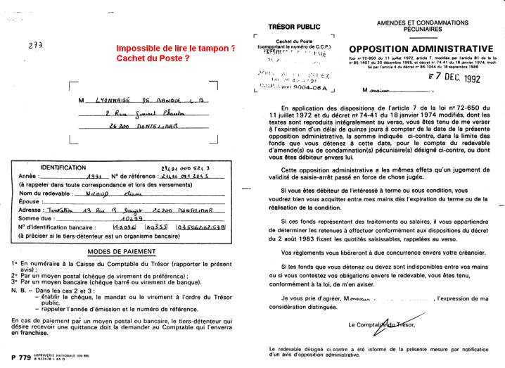 09 DEC. 1992 - Lettre du Trésor Public Valence à /S.L.Banque - Opposition Administrative