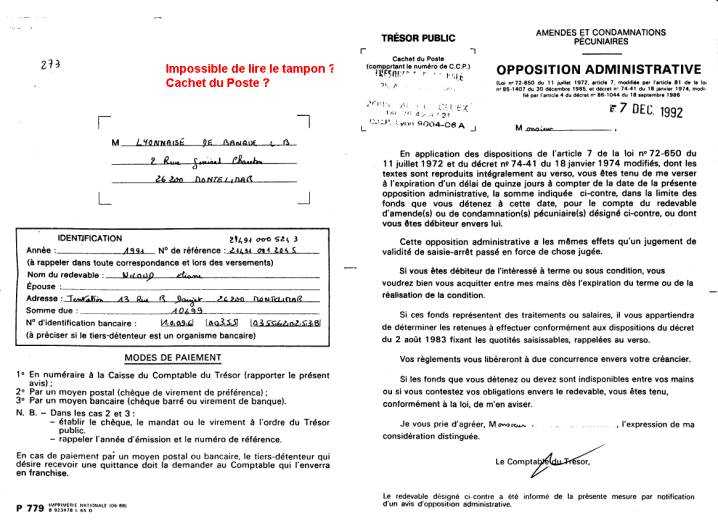 09 DEC. 1992 - Lettre du Trsor Public Valence  /S.L.Banque - Opposition Administrative