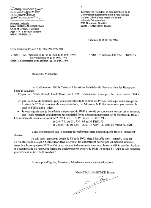 05 fvrier 1997 - Lettre  la Commission Dpartementale Aide Sociale des Hauts de Seine 