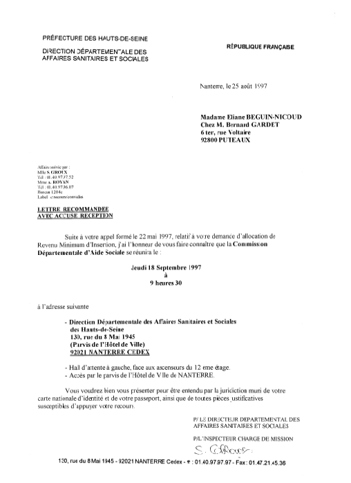 Convocation recommande de la Direction Dpartementale des Affaires Sanitaires Sociales demandant  la requrante de se prsenter le 18 septembre 1997.