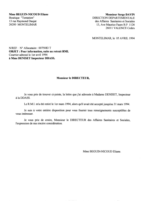 05 avril 1994 :   Lettre  Monsieur Serge DAVIN Directeur de la DDASS  &   Mme DENISET inspecteur