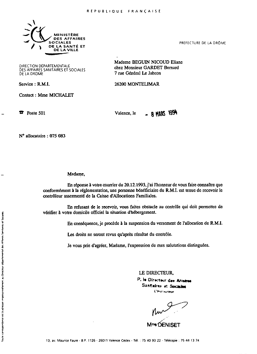 Lettre de Mme Ghislaine DENISET Inspecteur de la DDASS de la DROME