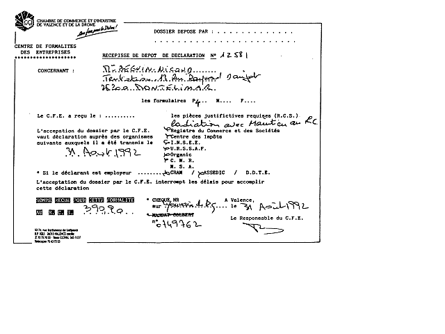 31/08/1992 - Rcpic de dpt de dclaration N 12 581- Suite incendie radiation avec maintien au registre du commerce  la C.C.I. Valence - 
