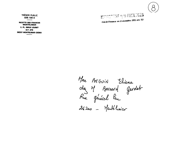 08 avril 1994 - Reois une enveloppe du Trsor Public - Recette Finances