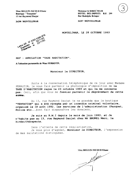 28 octobre 1993 - J'adresse demande annulation aux Impôts -