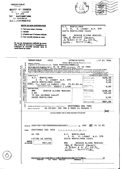 29/01/1994 - Reois lettre rappel pour paiement de la taxe professionne