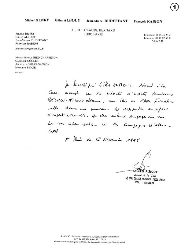 13/11/1998 - Lettre de Maître ALBOUY pour ma demande d'Aide Juridictionnelle.
