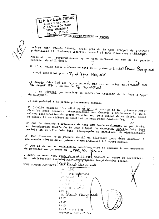 07 SEP. 1988 - Mise en demeure de payer 1.865,72 Frs a GRIMAUD pour l'arrt du 26 aot 1987 au nom de Souveton qui a vendu mon chien ulric