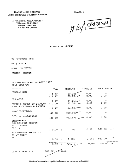 07 SEP. 1988 - Mise en demeure de payer 1.865,72 Frs a GRIMAUD pour l'arrt du 26 aot 1987 au nom de Souveton qui a vendu mon chien ulric