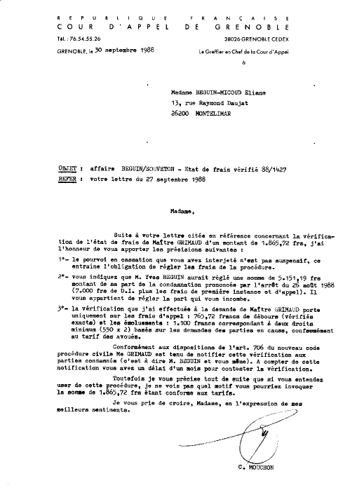 30 Septembre 1988 - Rponse du Greffier Chef  Mouchon - Vrification / Etat des Frais de GRIMAUD.