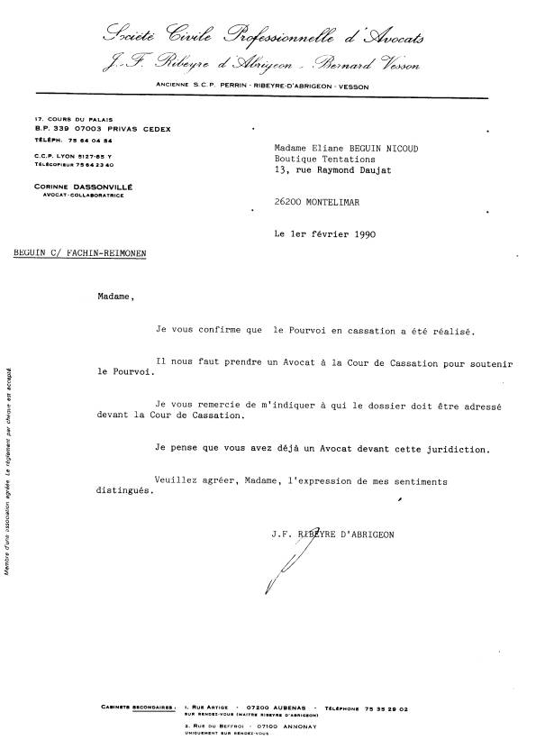 01 FEV. 1990 - Avocat - Lettre de Ribeyre D'Abrigeon - Privas [Ardéche] - A réalisé Pourvoi - Demande de prendre  Avocat  Cour  Cassation 