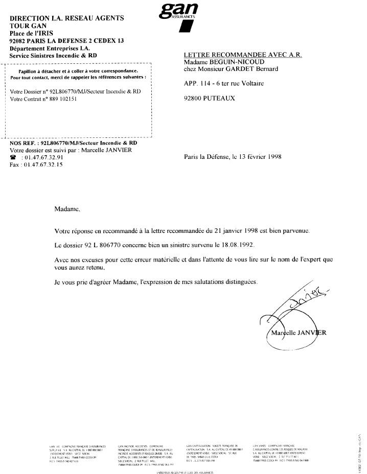 Lettre AR. du 13 fvrier 1998  signe Marcelle JANVIER Secteur Incendie & RD,