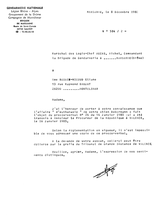 Lettre de Auzas Michel concernant l'affaire d'euthanasie de mon chien Ulric