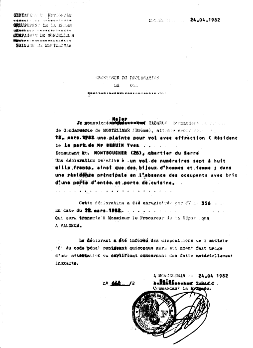 VOL n° 1 du 12 Mars 82 -  à ma Villa à Montboucher-sur-Jabron - Récépicé du 24 avril 1982 -
