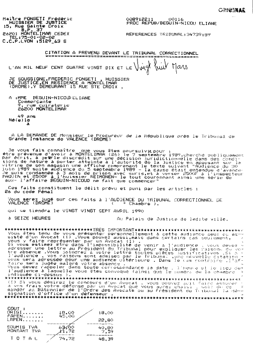 Citation  comparatre du 28 mars 1990 de l'huissier Frdric PONSETI