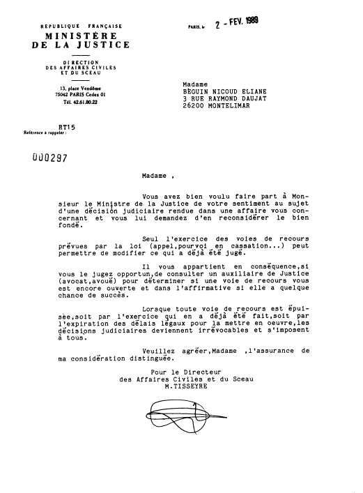 02 fvrier1989 - Rponse de la Direction Affaires Civiles et du Sceau - M.TISSEYRE - 