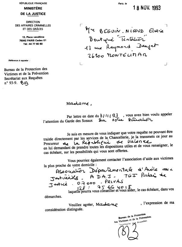 18 Novembre 1993 - Réponse du Ministère Justice - Secrétariar aux requêtes n° 93-9- BB. -  A D A J - TGI Privas. 75/66.40.18.