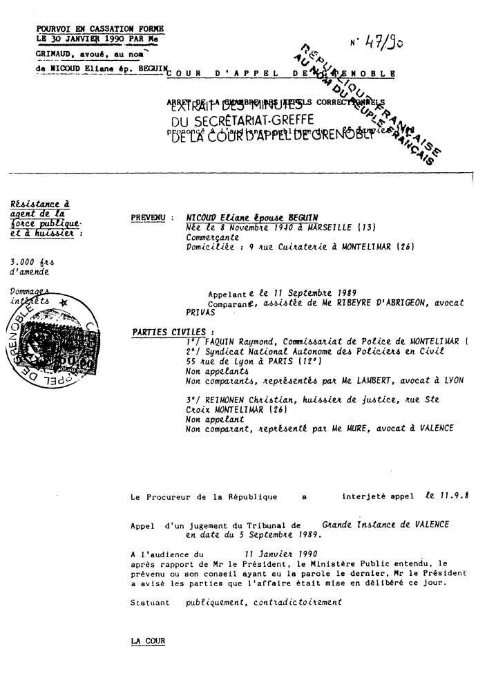 Condamnation de la Cour d'Appel de Grenoble en date du 25 Janvier 1990, par le Prsident SARRAZ-BOURNET -
