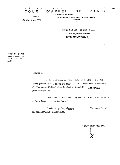  20 Dcembre 1988 - Rponse du Procureur Gnral prs la Cour d'Appel de Paris - 