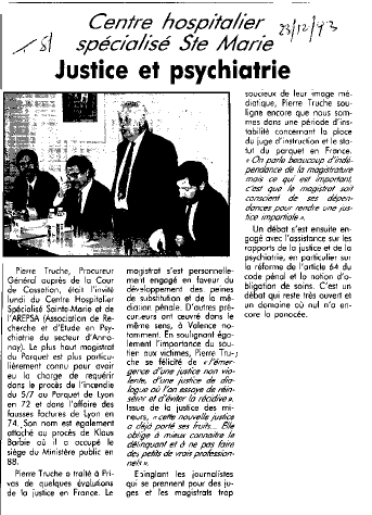 Visite du Procureur Gnral Pierre TRUCHE  Privas (Ardche) : Justice et psychiatrie