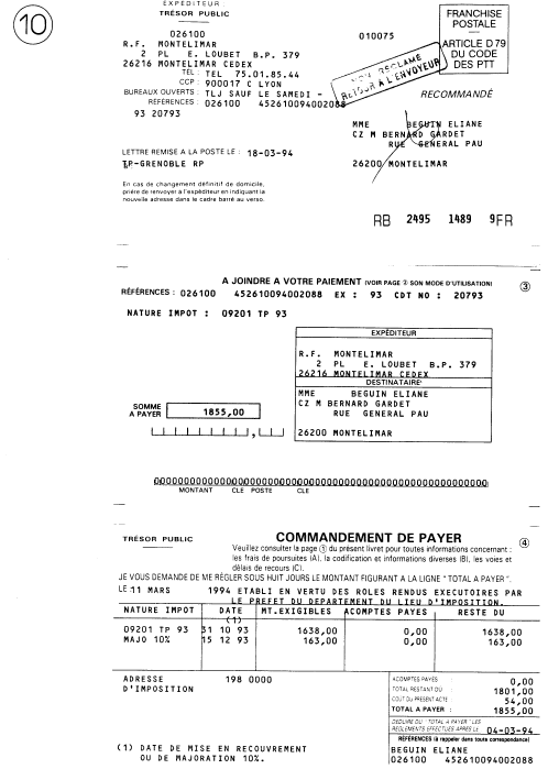 11 Mars 1994 - pice (9)  l'intrieur se trouve envoi recommand pice (10) - 