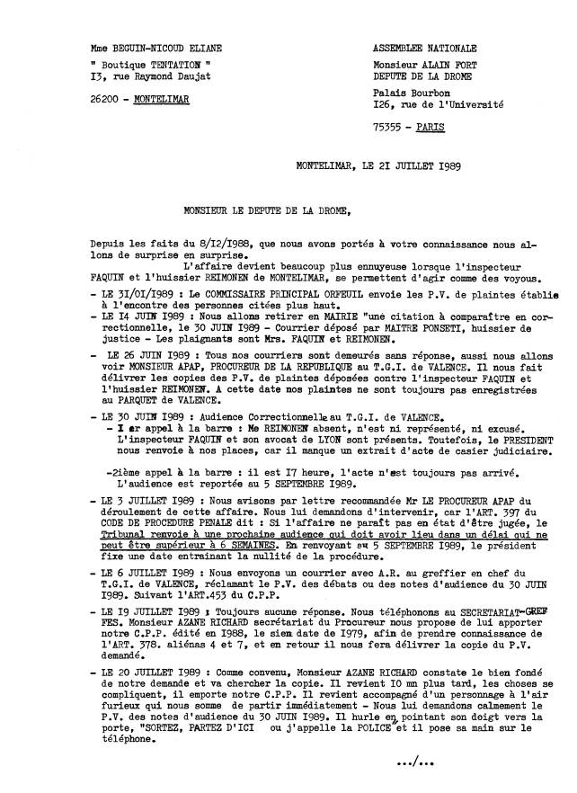 21 juillet 1989 - Lettre au dput Alain Fort - je lui signale que le Greffier Hazane du TGI. de Valence  un Code qui date de 1979 - page1