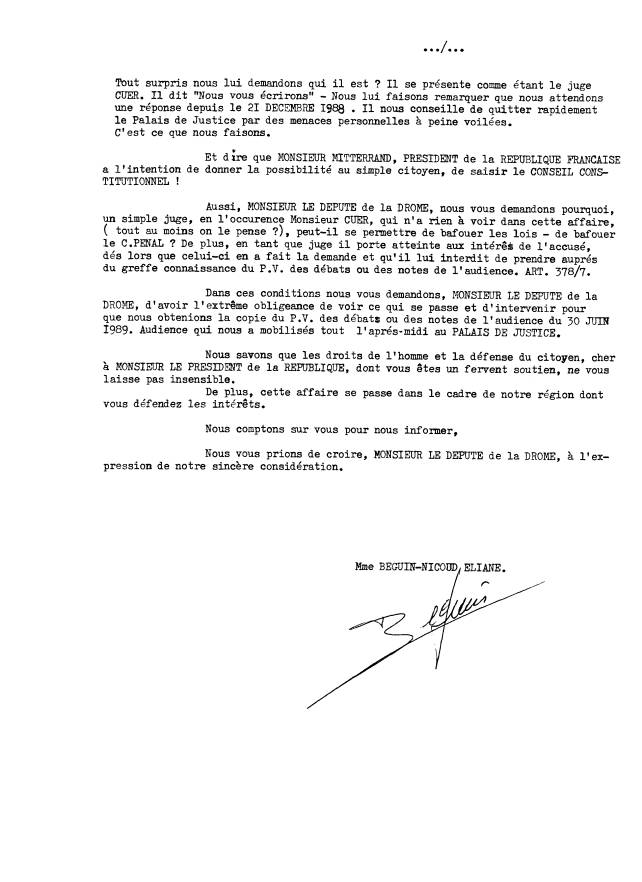 21 juillet 1989 - Lettre au dput Alain Fort - je lui signale que le Greffier Hazane du TGI. de Valence  un Code qui date de 1979 - page2