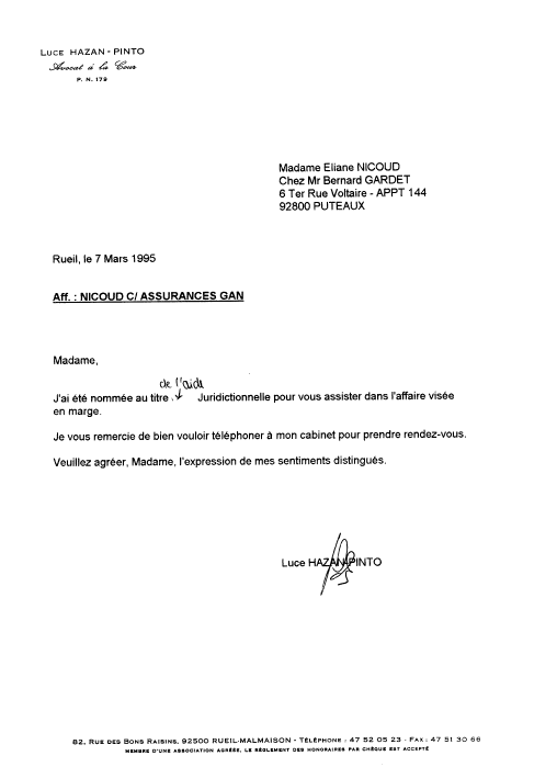 Je reois un courrier de Luce Hazan-Pinto avocate  Nanterre