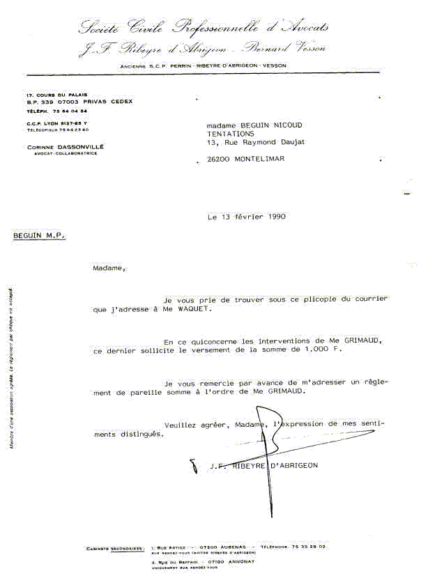 copie de la lettre   Waquet Philippe avocat  la Cour de Cassation Paris
