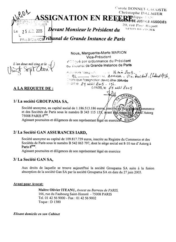 Assignation en rfr du 27-04-05 par GAN GROUPAMA