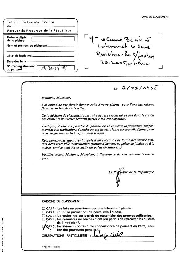 06 JUN. 1985 : Rponse n 3 du PARQUET de Valence Drme