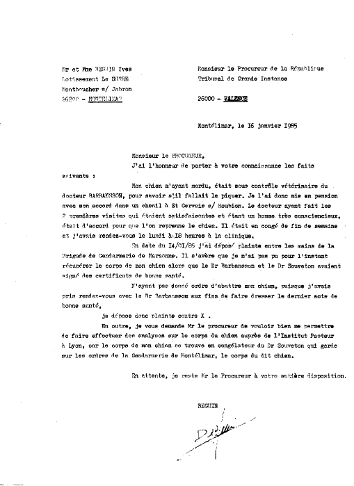 16 janvier 1985 - Plainte prs le Tribunal de Grande Instance de Valence - Drme