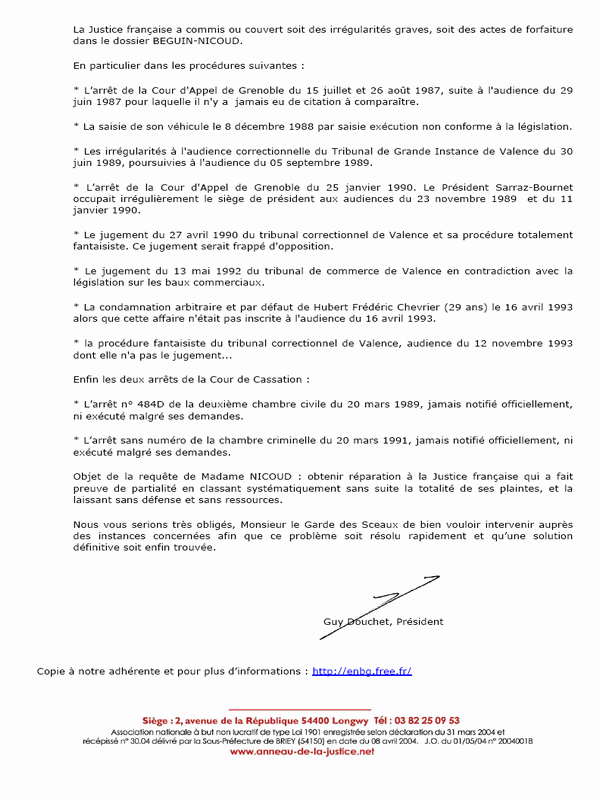 Guy DOUCHET Prsident de l'Anneau de la Justice crit au Ministre Dominique PERBEN pour l'Affaire BEGUIN-NICOUD page 2