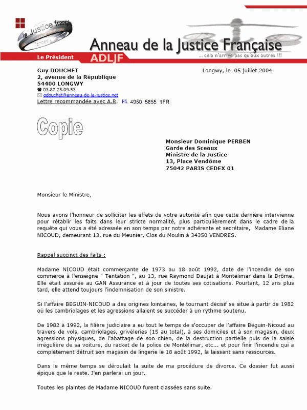 Guy DOUCHET Prsident de l'Anneau de la Justice crit au Ministre Dominique PERBEN pour l'Affaire BEGUIN-NICOUD page 1