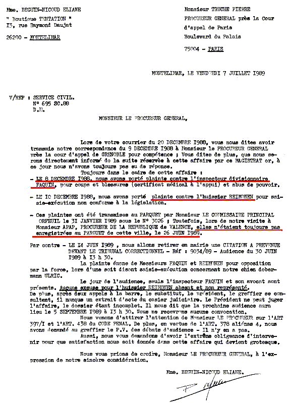 07 JUIL. 1989 - Lettre  Pierre TRUCHE Procureur Gnral  TGI PARIS je lui demande suite donne ???