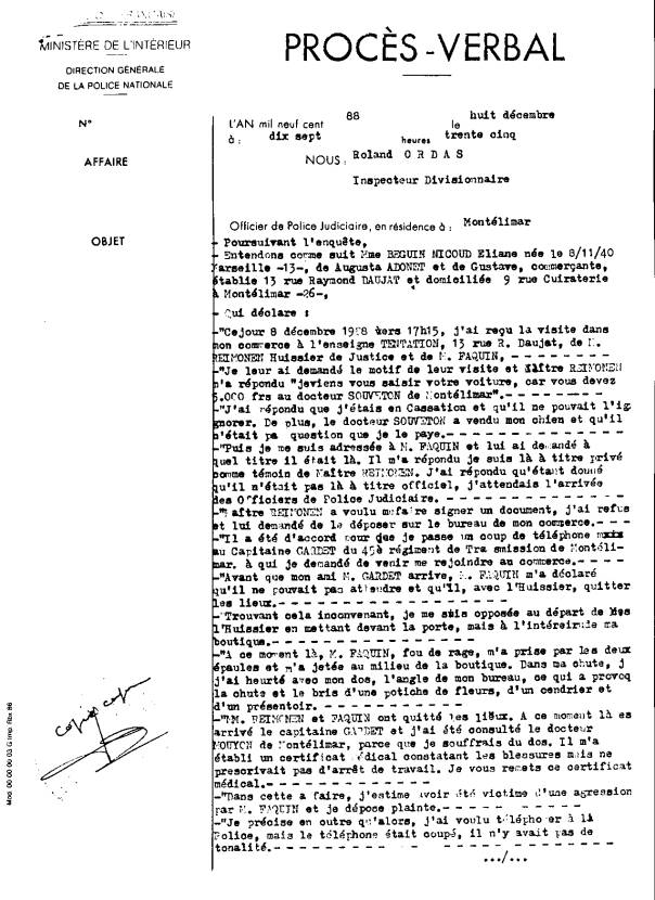 P.V. du 08 DEC. 1988 ﾱ7:35 ￡bli par : Roland ORDAS assist￤u commissaire ORFEUIL Michel