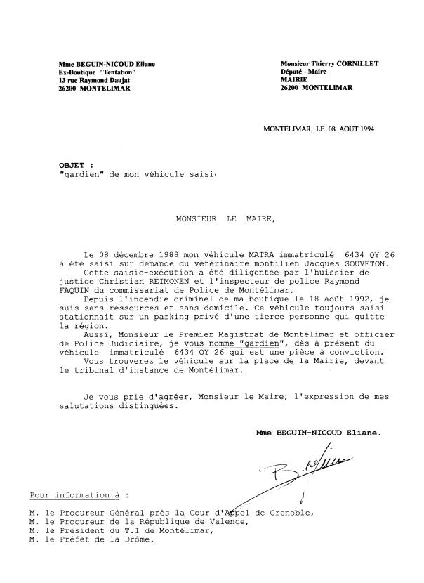 08 aot 1994 - Lettre a Thierry Cornillet maire de Montlimar