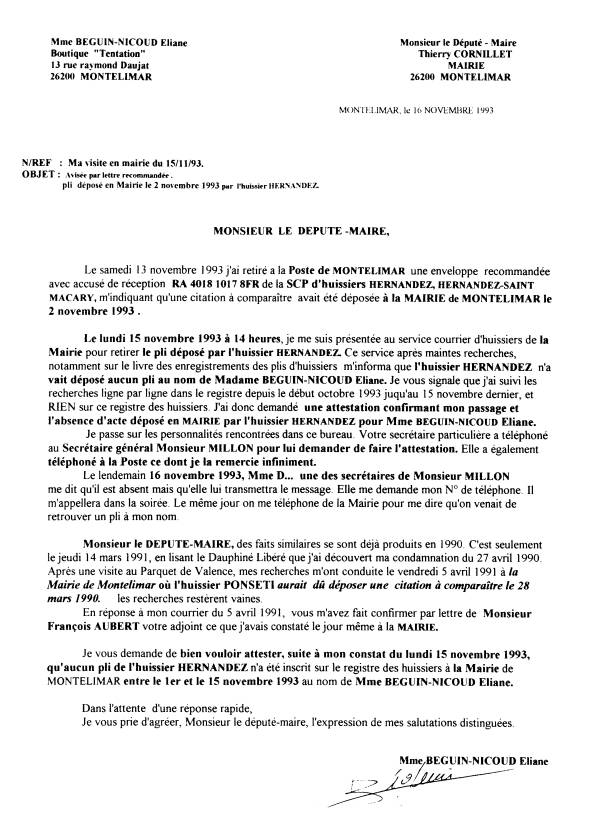 16 Novembre 1993 - Lettre  Cornillet Thierry - Ma visite en mairie du 15/11/93