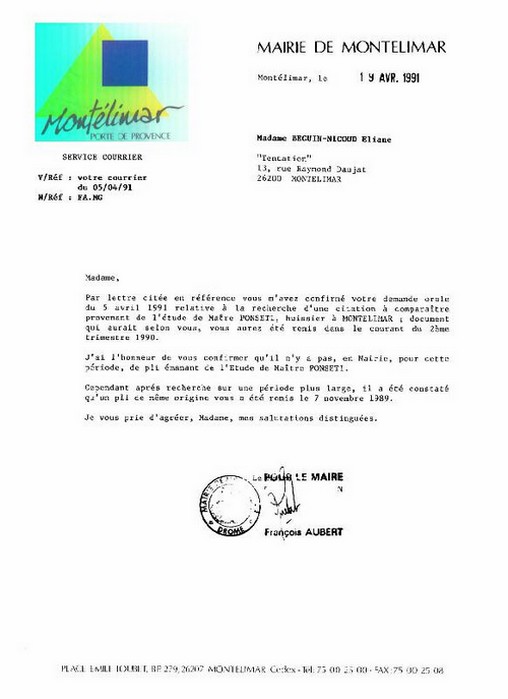 19 avril 1991 - Rponse Maire de Montlimar Thierry CORNILLET - Signe : Franois AUBERT.